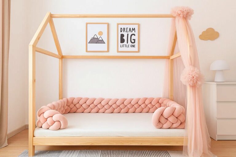 tour lit tresse rose poudre chambre enfant