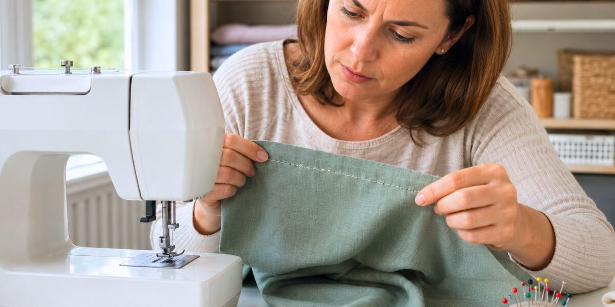 Femme examinant des points sautés sur un tissu près de sa machine à coudre