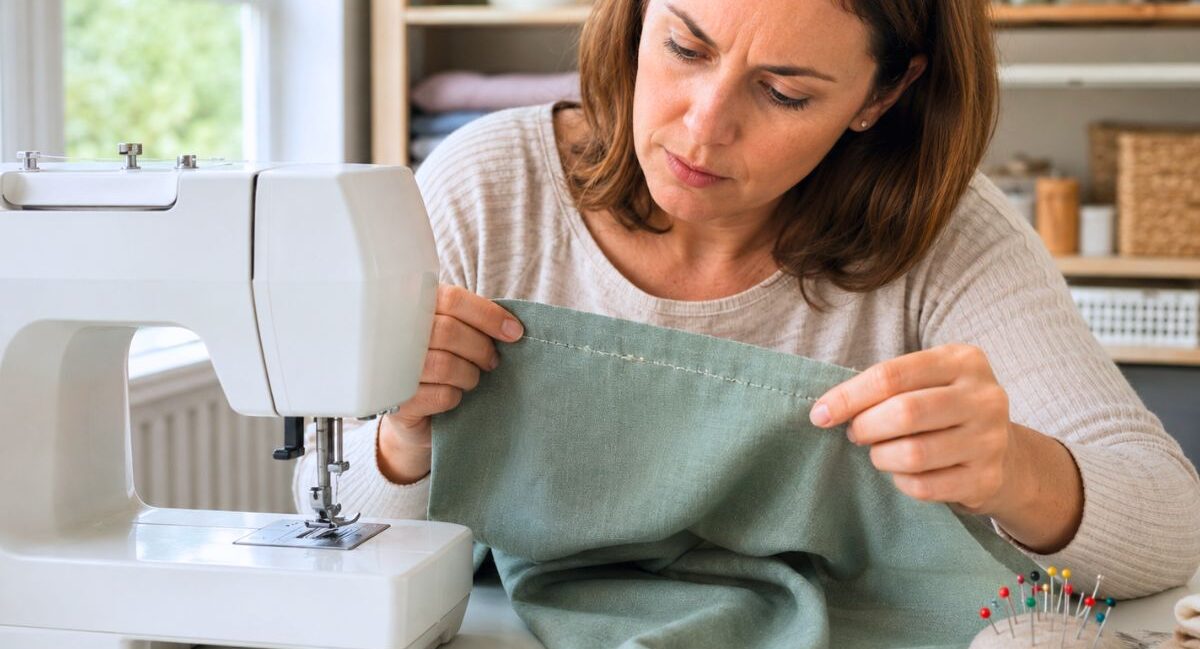 Femme examinant des points sautés sur un tissu près de sa machine à coudre