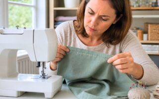 Femme examinant des points sautés sur un tissu près de sa machine à coudre