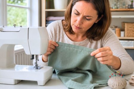 Femme examinant des points sautés sur un tissu près de sa machine à coudre