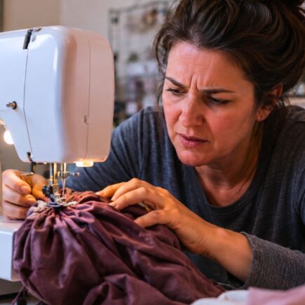 Femme tentant de libérer un tissu coincé sous le pied presseur
