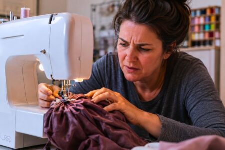 Femme tentant de libérer un tissu coincé sous le pied presseur